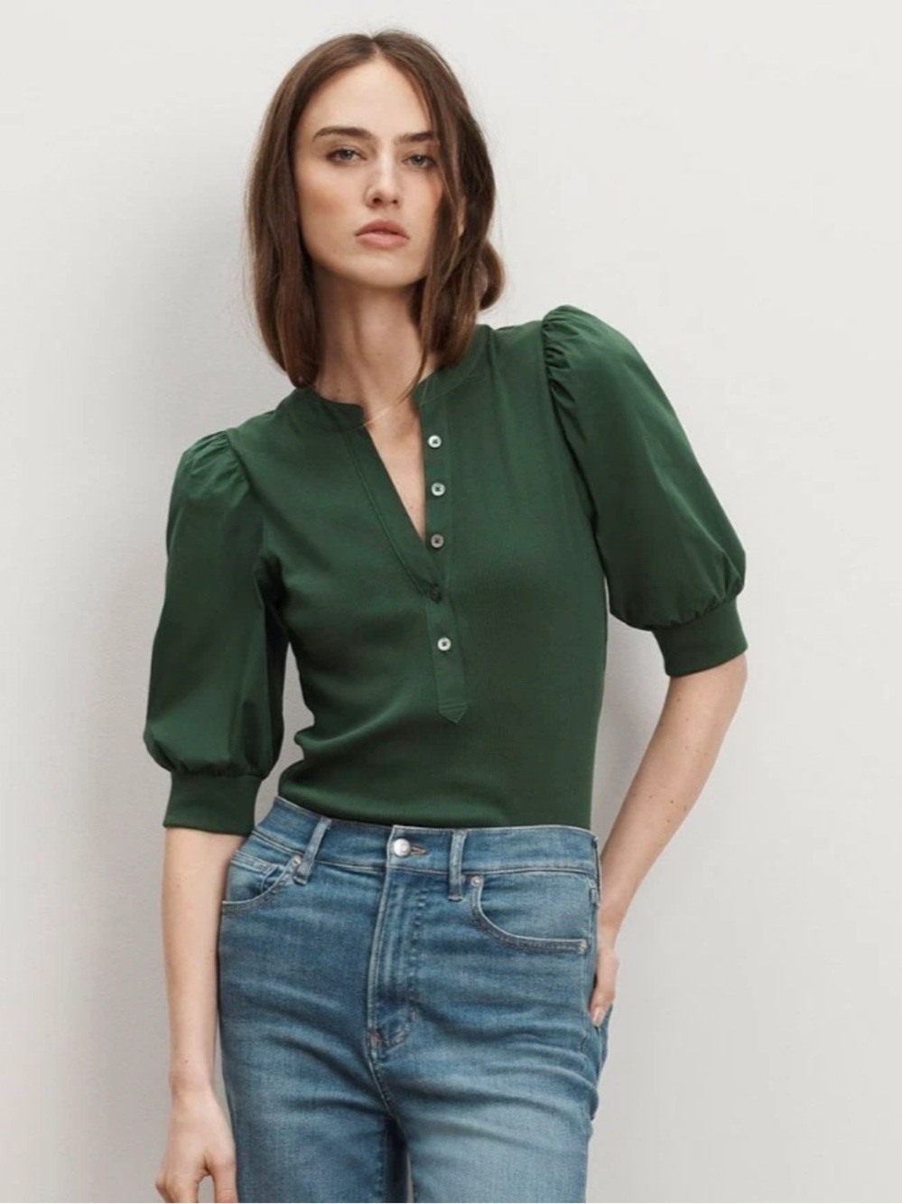 Veronica Beard Coralee Ribbed Henley Cotton Stretch Top Green Extra Large
